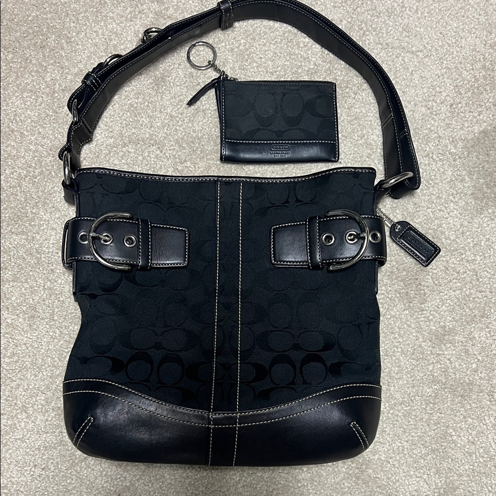 Coach Leather Black Shoulder Purse with Matching Coin Wallet